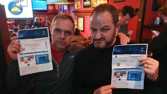 Two Liverpool fans in Belgium for Champions League game